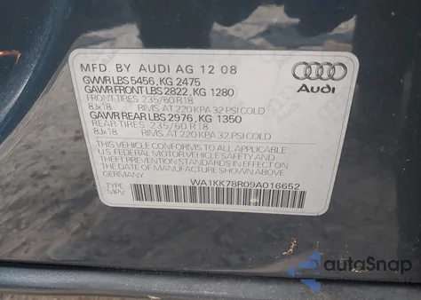 2009 Audi Q5 3.2 Premium z USA, uszkodzony, nr VIN WA1KK78R09A016652